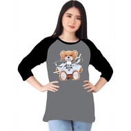 Women's 3 Sleeve T-Shirt/4 Screen Printed Shoelaces bear/ T-Shirt Tops / Raglan T-Shirt 3 Sleeve/4 /