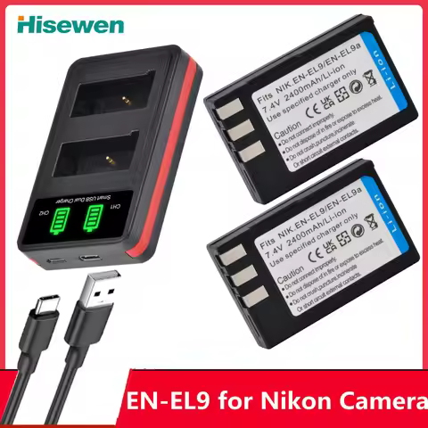 2400mAh EN-EL9 EN-EL9A ENEL9A EN EL9 Battery and LED Charger with Type C Port for Nikon D40 D40X D60