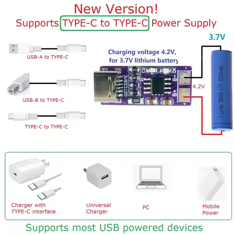 Type-C PD QC FCP USB 1A 4.2V Li-ion Li-Po Lithium Battery Buck Charger DDTC08ME For 3.7V 18650 Cell 