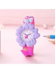 新款兒童花與蝴蝶卡通手錶,3d圖案pvc柔軟親膚兒童學習手錶