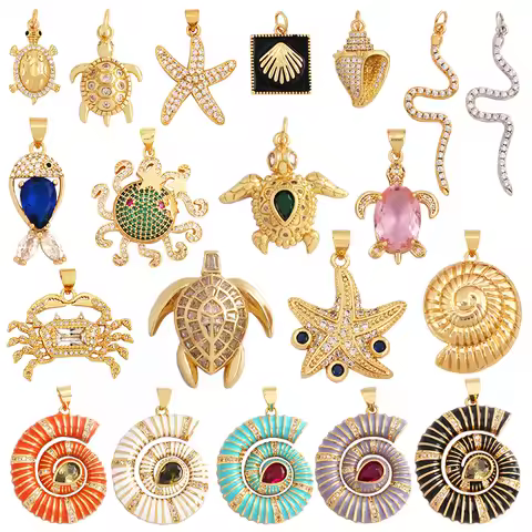 Marine Sea Nautilus Turtle Starfish Octopus Conch Crab Shell Snake Charm Pendant,Gold Plated Zircon 