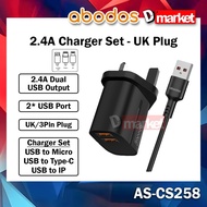 Abodos AS-CS258 Charger Set 2.4A Charging Charger Adapter Set Mobile Wall Charger UK Plug Abodos CS2