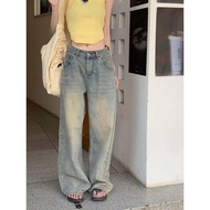 Quần Jeans Denim Ống Rộng Cạp Cao Retro American Washed Quần Ống Thẳng Ôm Dáng Mùa Xuân 2024 Thời Tr