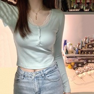 Korean Women's Lace Half Button Short Cardigan T-Shirt