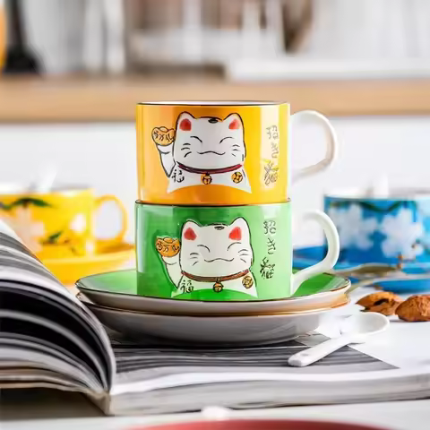 Coffee Cup Waterware Cat Lucky Dish Saucer Set Spoon Gift Box Green Japanese Handle Cartoon Tea Drin