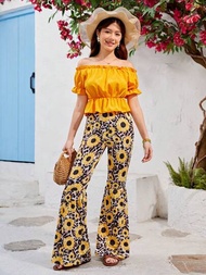 Conjunto De Dos Piezas Para Niñas Adolescentes Con Blusa Sólida De Un Solo Hombro Y Pantalones Acampanados Impresos De Girasoles, Ideal Para Vacaciones