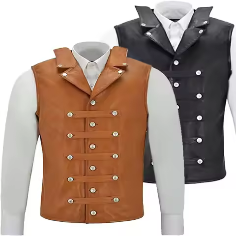 Men's Vintage Leather Vest Single Breasted Sleeveless Top Punk Medieval Knight Vest Cycling Vest Hip
