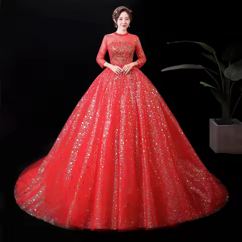 Customized Wedding Dress Illusion Red Bling O-Neck 3/4 Sleeves Princess Floor Length Train Plus size