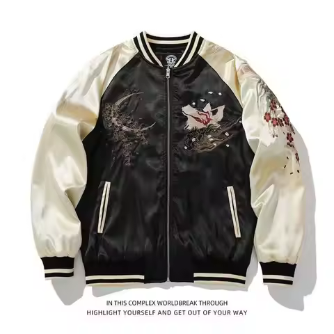 Spring 2026 Heavy Industry Nine-Tailed Print Jacket Baseball Collar Men's Clothing Color Block Wuxuh