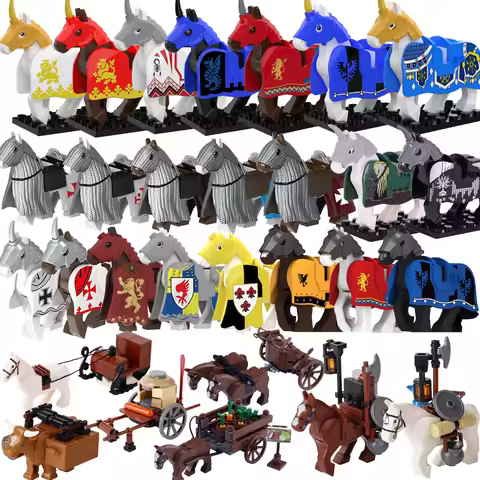 Medieval MOC Castle Soldier Figures Building Blocks Mount White Lion Armor War Horse Carriage Transp