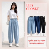 Women's loose begy jeans, basic wide-leg jeans with front zip, elastic back, youthful style