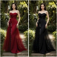 Size>65Kg Luxurious Strapless Long Dress in Red & Black with Exquisite Stone Flowers