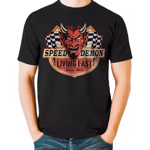 Speed Demon, Living Fast. Devil Face Retro Hot Rod Rockabilly T-Shirt. Summer Cotton Short Sleeve O-