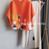 Korean style Issey Miyake Pleated 2025 Spring New Orange Jacket Female Figure Personality Totem Prin
