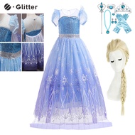 Frozen Elsa Dress for Kids Girl Blue Sequin Mesh Princess Dress Cloak Wig Crown Bag Halloween Cosplay Outfits Girl Birthday Party Role Play