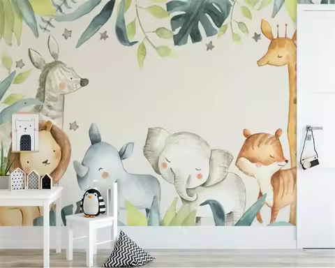 Customized Size Mural Cartoon Animal Tropical Plant Children's Decorative Drawing Giraffe Elephant Z