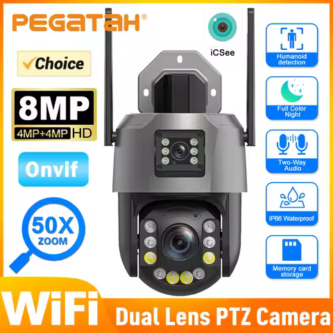 PEGATAH 8MP Dual lens WiFi Camera 50X Zoom PTZ Dome Camera Outdoor Surveillance 120m Ultra Long IR V