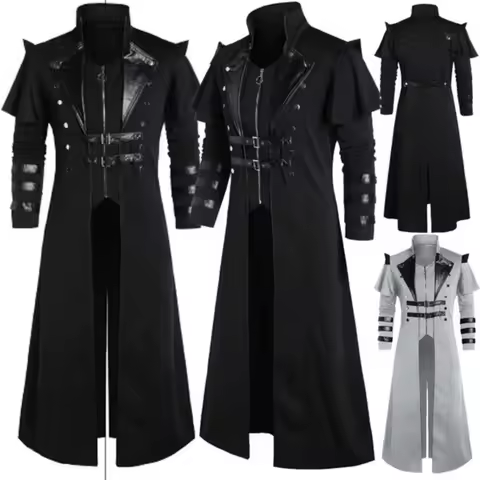 Vintage Men's Gothic Steampunk Long Jacket Trench Coat Retro Medieval Warrior Knight Overcoat Male V