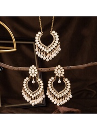 3入組歐美復古風格合金心形掉油珍珠鈴鐺耳環和項鍊，母親節禮物