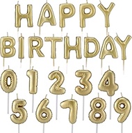 MTLEE 23 Pcs Happy Birthday Balloon Pick Candles and Numeral Birthday Candles, Champagne Gold Birthd