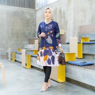 Knk Collection - Tunik Kancing Depan - Tunik Batik Wanita Jumbo Terbaru Mewah Kekinian Mawar Navy