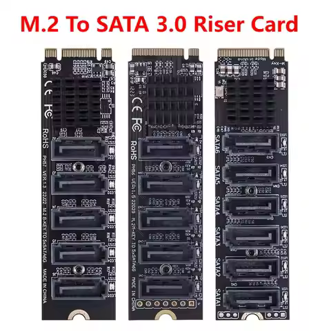 Riser Card M.2 Key JMB585 For NVME Converter M.2 To SATA 3.0 M.2 MKEY PCI-E Expansion Card 5/6 Port 
