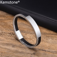 Kemstone Stainless Steel Black Leather Chain Bracelet Bangle Jewelry Men's Bracelets