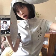 Japanese Style Soft Girl Bunny Ears Zipper Cardigan Multi-pocket Skirt Slimming Dopamine Top