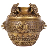 Brass Wealth Pot with 4 Money Toads, Feng Shui Wealth Coin Bank, Home Office Fortune Decor