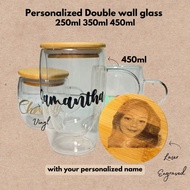 Personalized Double wall glass mug w/ name and lid Souvenir Gift ideas with box 250 350 450ml 11oz