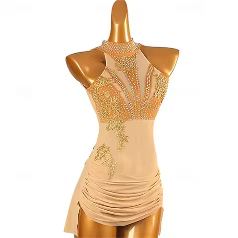 Women Ice Skating Dress Champagne Patchwork Open Back Mesh High Elasticity Training Competition Skat