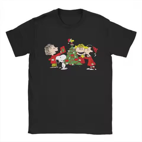 MINISO Casual Peanuts Christmas Group Snoopy T-Shirts Men Women Crewneck T Shirt Short Sleeve Tee Sh