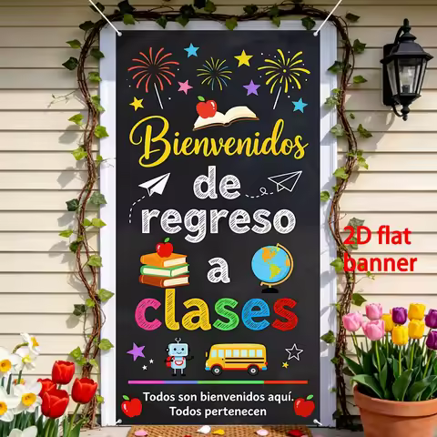 2D plane 1 piece Spanish language return-to-school banner "Welcome back to class" - blackboard style