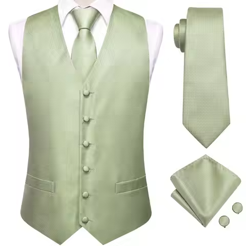 Hi-Tie Silk Mens Suit Vests 4PC Woven Sage Green Solid Waistcoat Tie Pocket Square Cufflinks Busines