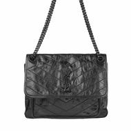 Saint Laurent YSL Niki Medium 中款 黑色復古皺褶油蠟牛皮黑釦鏈條包｜鏈帶包 爆款肩背包 斜背包｜流浪包 經典款｜KÉSH 凱仕精品