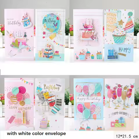 8pcs/set Glitter Happy Birthday Greeting Cards for Kids Thank You Cards and Envelopes Cartoon Balloo