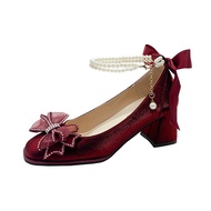 PINKEY P323 Sepatu Heels Wanita Marry Jane Sepatu Flat Pearl Shoes Cream dan Merah