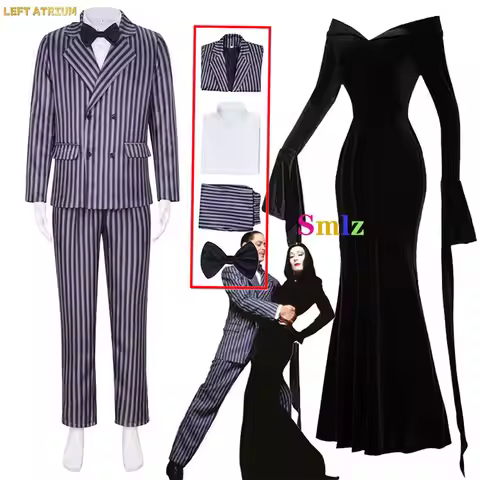 Gomez Addams Cosplay Anime Morticia Costume Dress Halloween Carnival Outfit Adult Kid Coat Shirt Pan