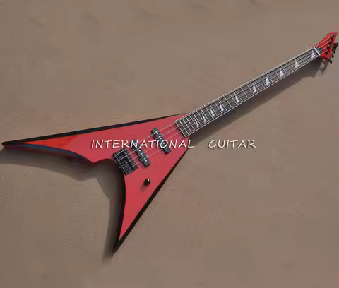 4 Strings Red V Shaped Black Electric Bass Guitar with Black Trim,Rosewood Fretboard