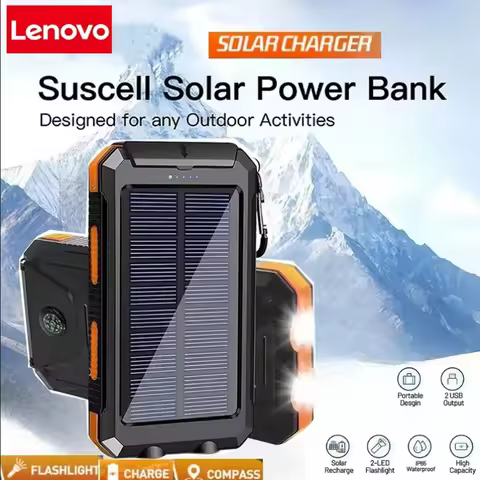 Lenovo 50000mAh Solar Power Bank Portable Charging Poverbank External Battery Charger Strong Light L