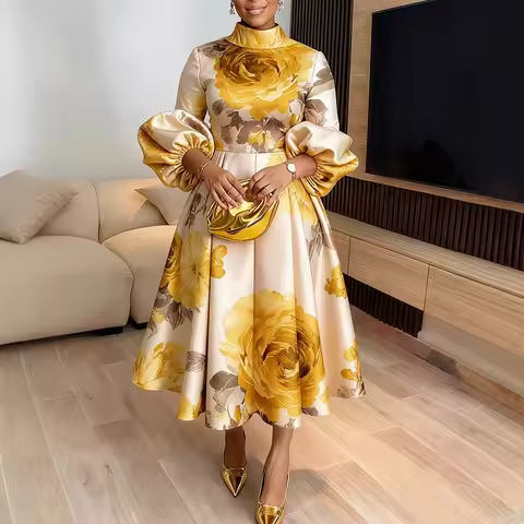 African Dresses for Women Elegant Ankara Dashiki Spring Summer Midi Dress Ladies Traditional Africa 