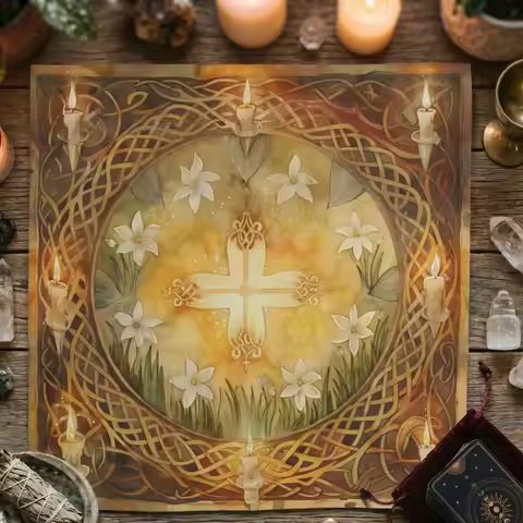 Imbolc Altar Cloth, Celtic Cross Candle Design, Brigid Sabbat Decor, Wheel of the Year Witchy Table 