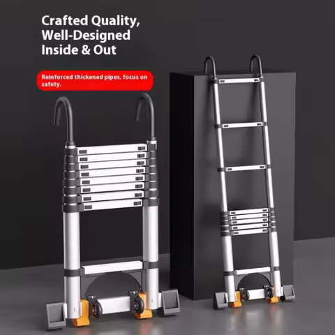 Telescopic straight ladder with hooks and wheels, thickened aluminum alloy, easy to store household 