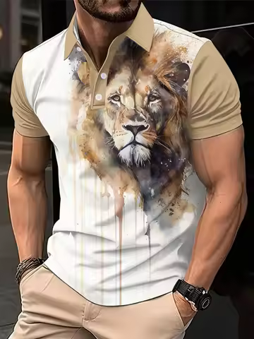 2026 Summer Fashion Men's 3D Printed Quick Drying T-shirt with Mighty Lion Pattern Polo Shirt Footba