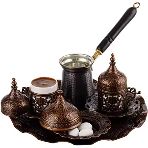 Turkish Greek Arabic Coffee Making and Serving Full Set with Cups Saucers Lids Sugar Bowl Tray and C