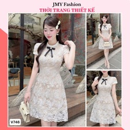 V746, RC824 Short A-line white lace dress with luxurious pearl trim [TH HA LE]