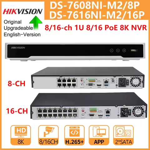 Hikvision PoE 8K NVR 8CH DS-7608NI-M2/8P 16CH DS-7616NI-M2/16P 8/16 POE Port HDMI/VGA Independent Ou
