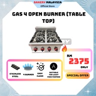 BAKERY Stainless Steel Commercial Gas Stove 4 Open Burner With Iron Cast Table Top