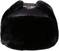 Winter Men's Warm Hat Natural Leather Hat Thick Velvet Bomber Hats for Men Cowhide Earmuff Caps (Col