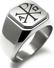 Stainless Steel Chi Rho Alpha Omega Symbol Square Flat Top Biker Style Polished Ring, Size 12